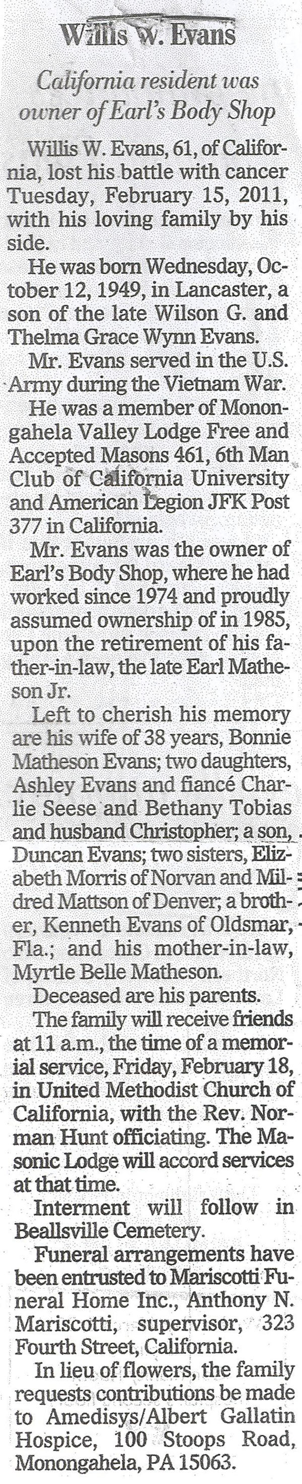 Willis W. Evans obit